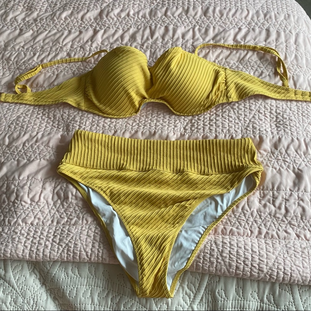 SHADE & SHORE yellow ribbed bikini with adjustable straps high waisted high leg